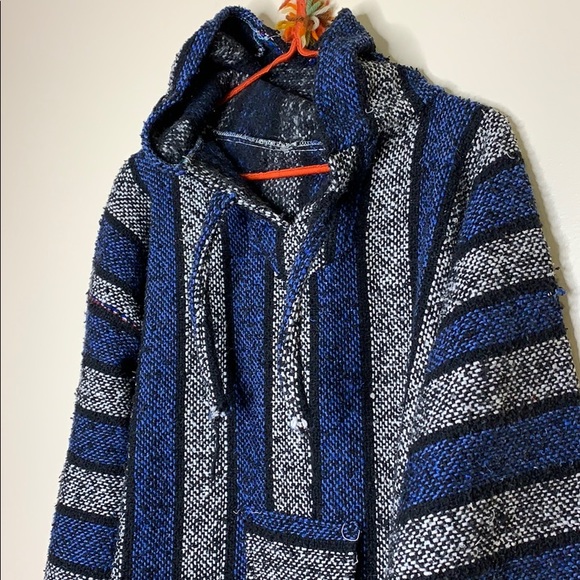 Baja | Blue Mexican Authentic Drug Rug Hoodie Imported Drug Rug Kangaroo Pocket - Picture 3 of 10